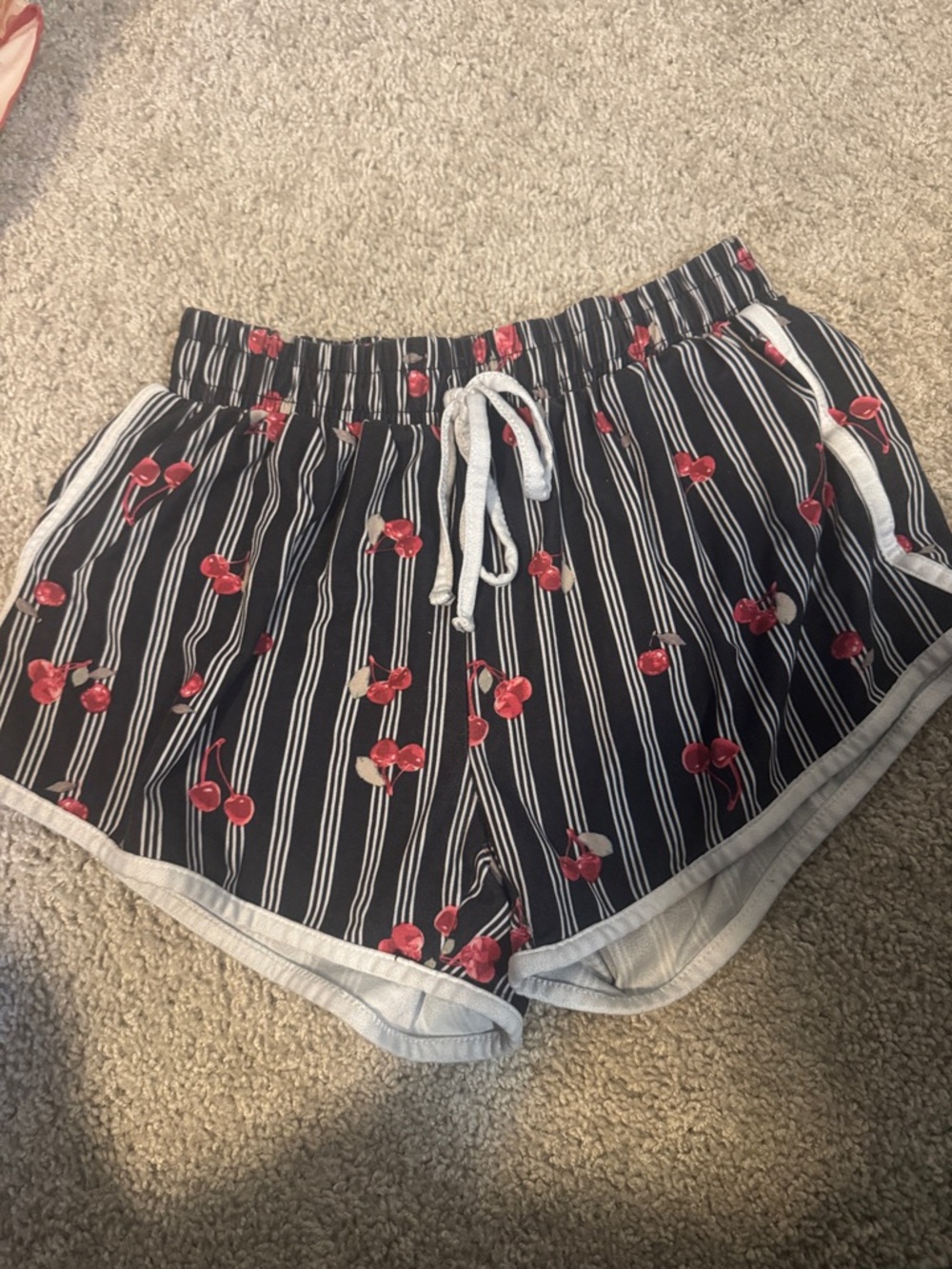 Women's Black Striped Cherry Print Drawstring Shorts